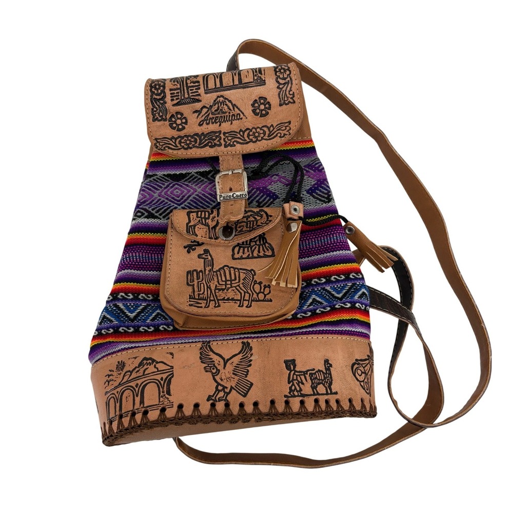 Puro Cuero Backpack Womens Small‎ Multi Arequipa Peru Tooled Leather Woven Boho